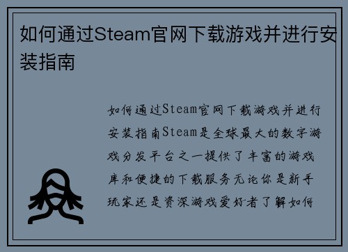 如何通过Steam官网下载游戏并进行安装指南